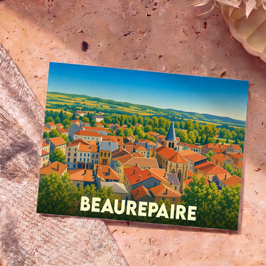 Carte postale souvenir de la ville de Beaurepaire avec une illustration stylisée d'un panorama urbain coloré.