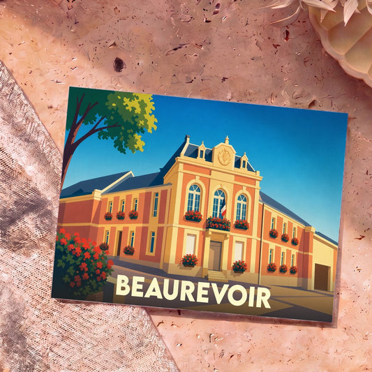 Carte postale souvenir de la ville de Beaurevoir avec une illustration stylisée de sa mairie fleurie.