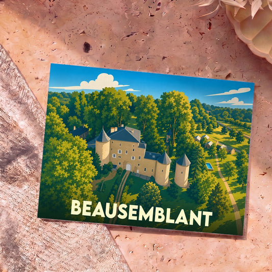 Carte postale souvenir de la ville de Beausemblant avec une illustration stylisée de son château niché dans la verdure.