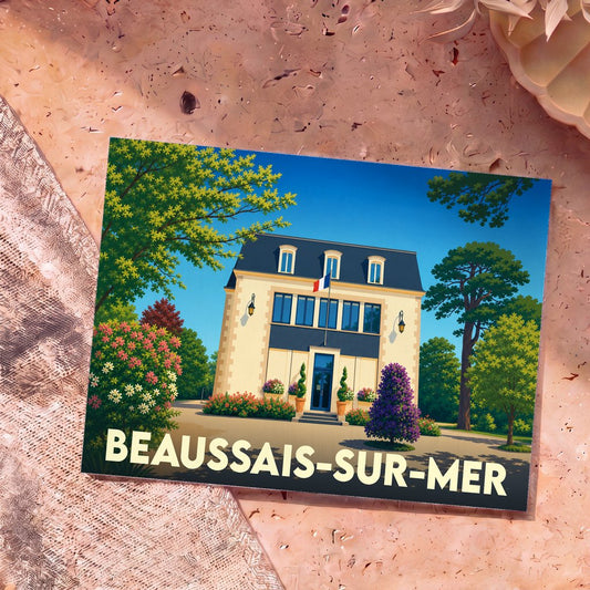 Carte postale souvenir de la ville de Beaussais-sur-Mer avec une illustration stylisée de la mairie.