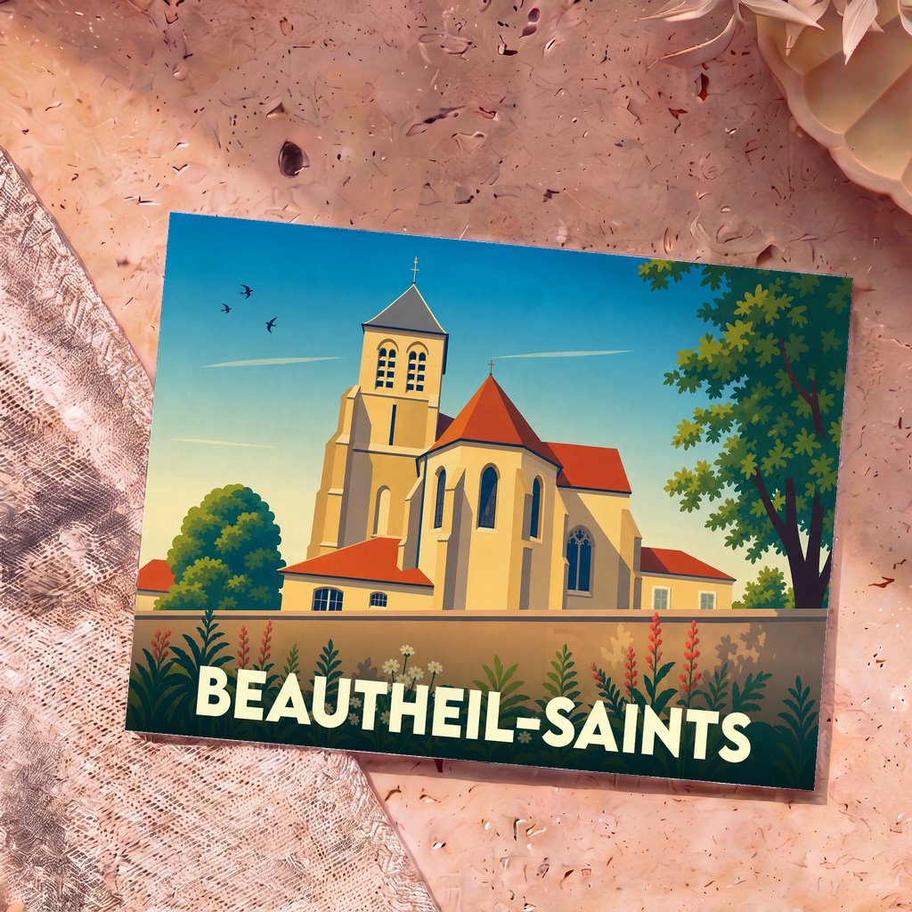 Carte postale souvenir de Beautheil-Saints avec une illustration stylisée de son église sous un ciel bleu.
