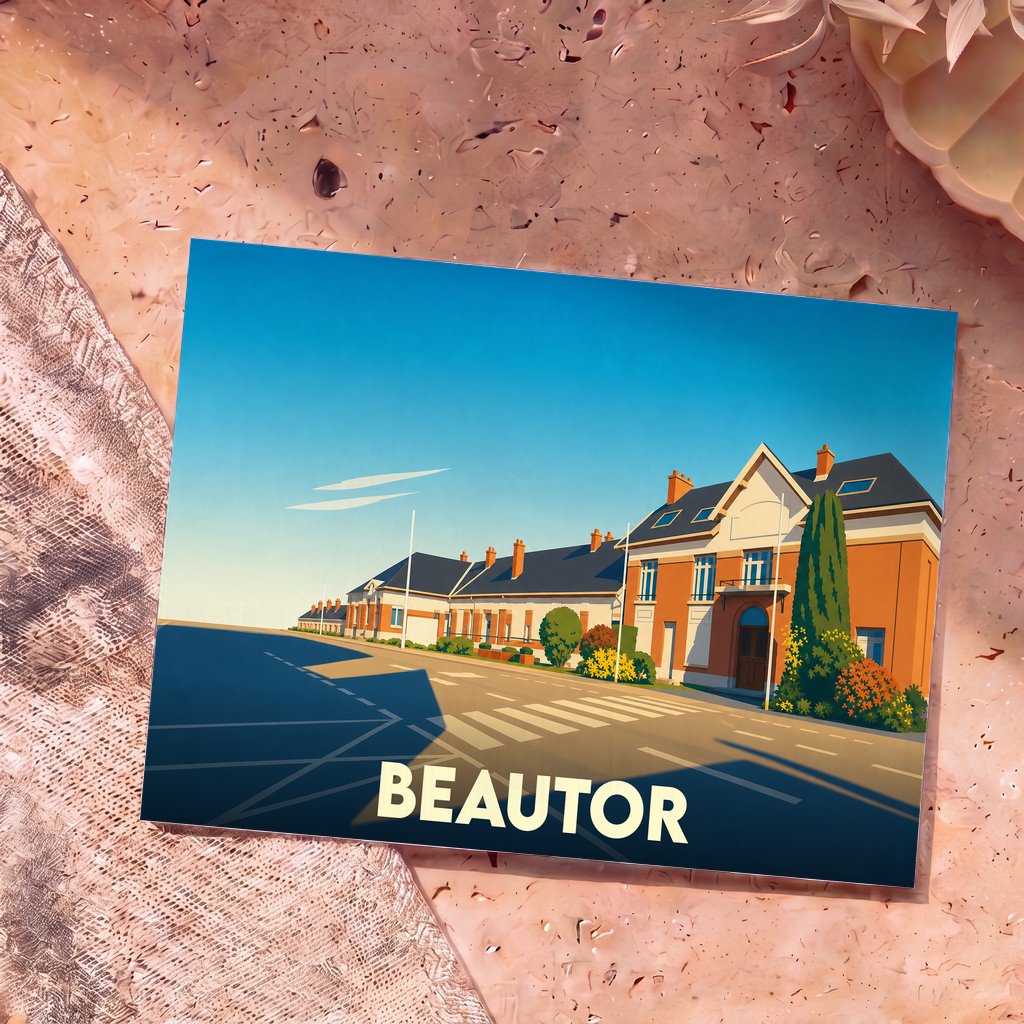 Carte postale souvenir de la ville de Beautor avec une illustration stylisée.