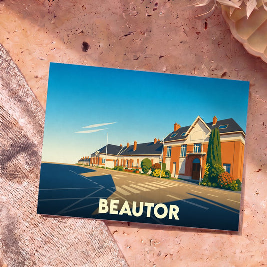 Carte postale souvenir de la ville de Beautor avec une illustration stylisée.