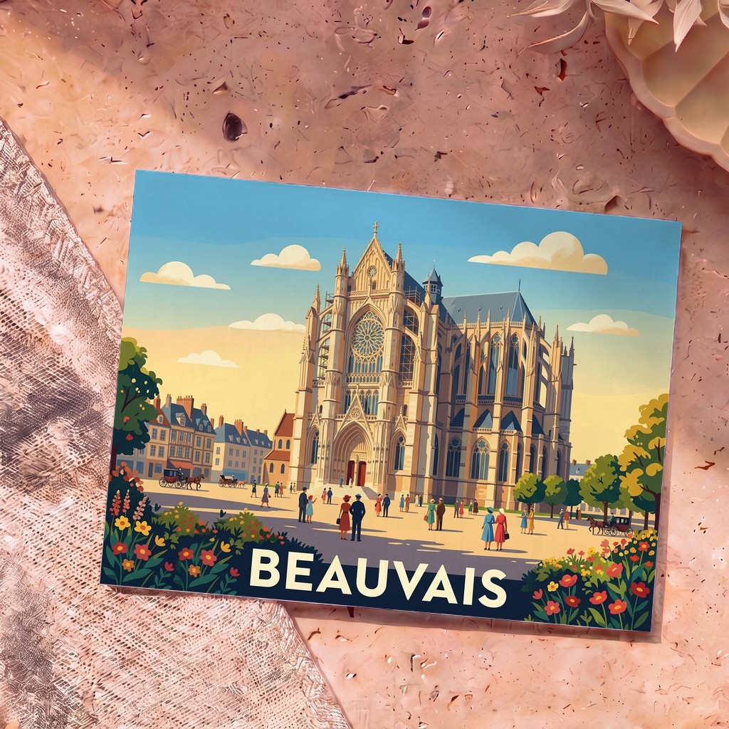 Carte postale souvenir de la ville de Beauvais illustrant sa cathédrale dans un style rétro et coloré.