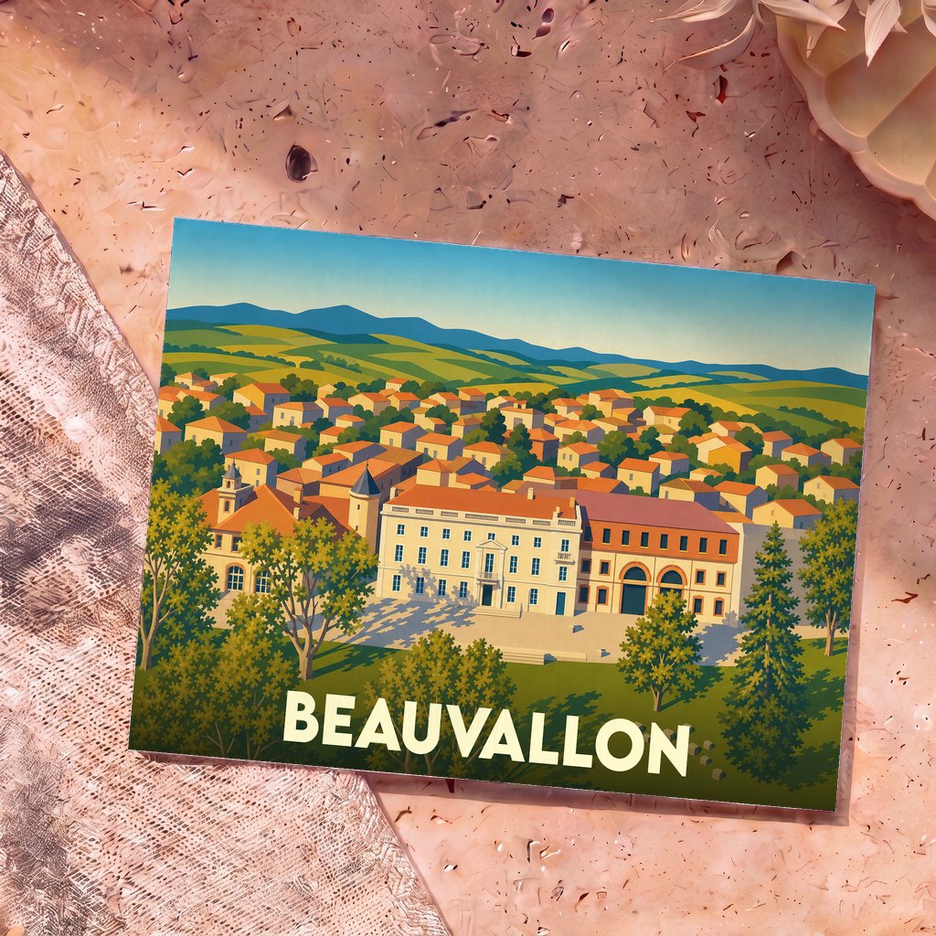 Carte postale souvenir de la ville de Beauvallon avec une illustration stylisée.