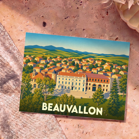 Carte postale souvenir de la ville de Beauvallon avec une illustration stylisée.
