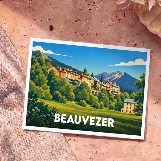 Carte postale souvenir de la ville de Beauvezer illustrant un village de montagne coloré dans un style graphique épuré.