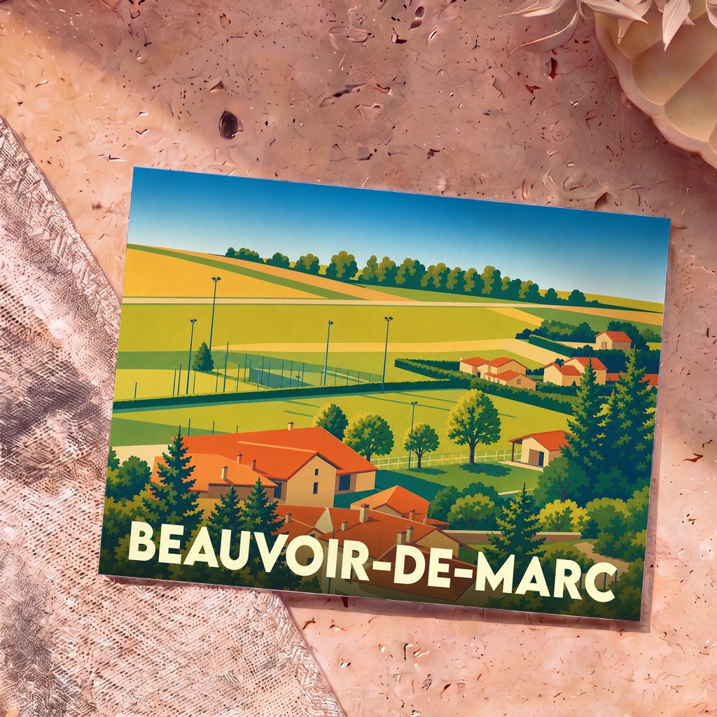 Carte postale souvenir de la ville de Beauvoir-de-Marc avec une illustration paysagère stylisée.