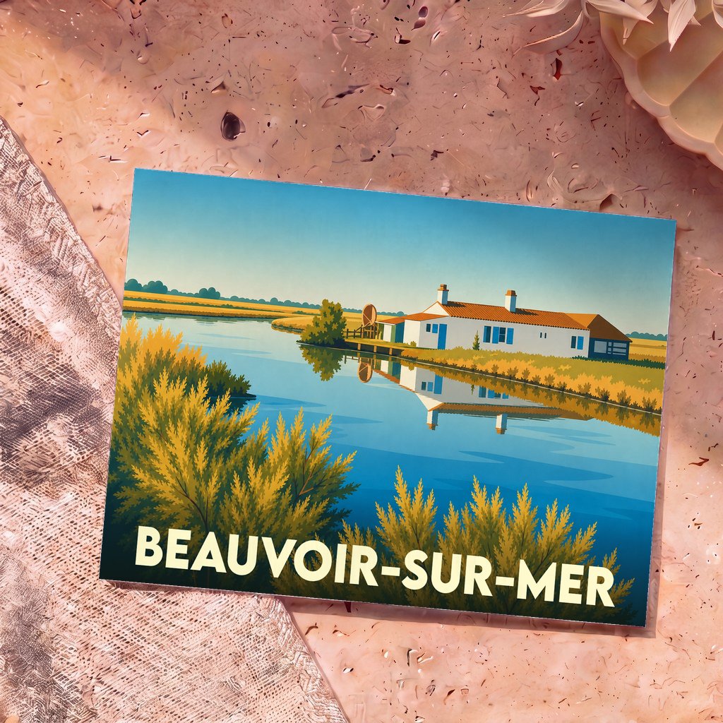 Carte postale souvenir de la ville de Beauvoir-sur-Mer avec une illustration stylisée d'une maison au bord de l'eau.