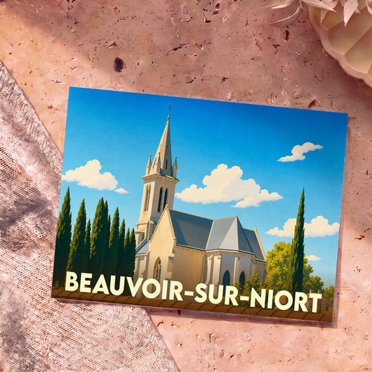 Carte postale souvenir de la ville de Beauvoir-sur-Niort illustrant son église dans un style graphique épuré.