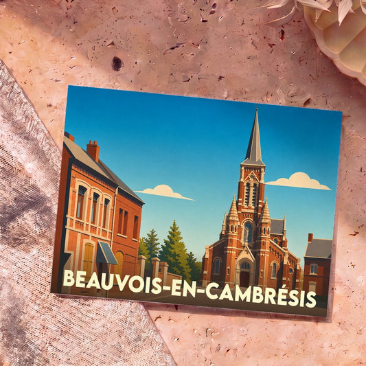 Carte postale souvenir de la ville de Beauvois-en-Cambrésis illustrant son église et son architecture locale dans un style graphique épuré.