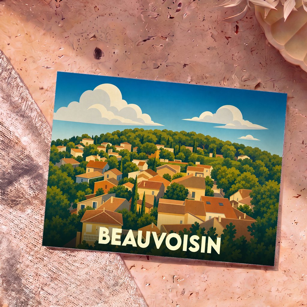 Carte postale souvenir de la ville de Beauvoisin avec une illustration stylisée d'un village perché.