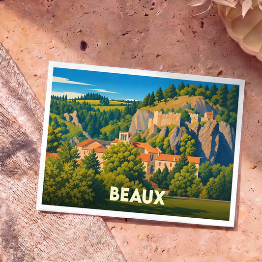 Carte postale souvenir de la ville de Beaux avec une illustration stylisée d'un village médiéval niché dans une vallée verdoyante.