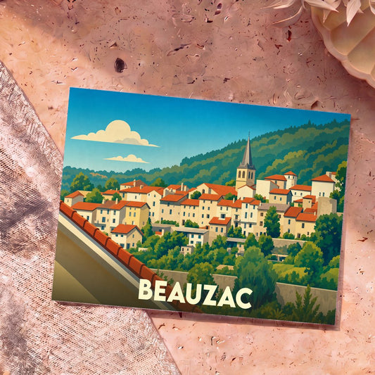 Carte postale souvenir de la ville de Beauzac avec une illustration stylisée de ses maisons aux toits rouges et de son église.