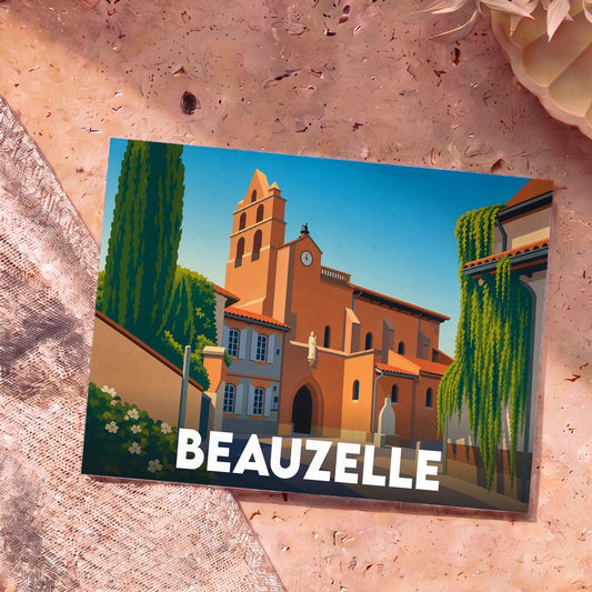Carte postale souvenir de la ville de Beauzelle arborant une illustration stylisée de son église sous un ciel bleu.