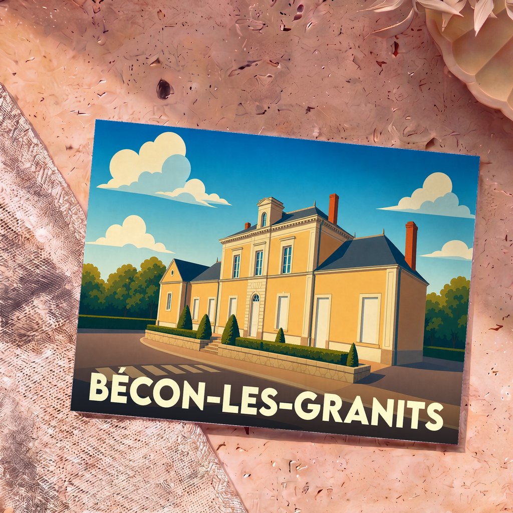 Carte postale souvenir de la ville de Bécon-les-Granits avec une illustration stylisée de son hôtel de ville.