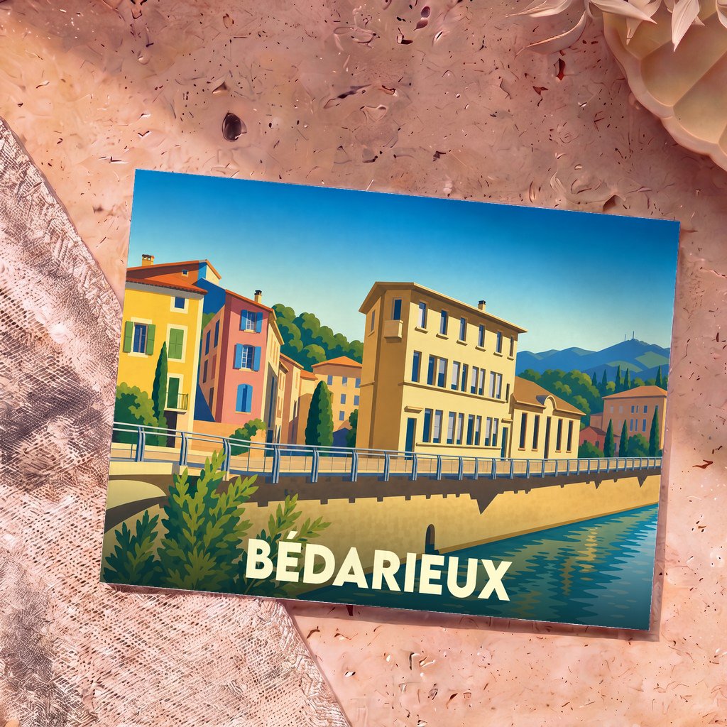 Carte postale souvenir de la ville de Bédarieux illustrant ses maisons colorées en bord de rivière.