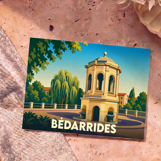 Carte postale souvenir de la ville de Bédarrides avec une illustration stylisée de sa fontaine monumentale.