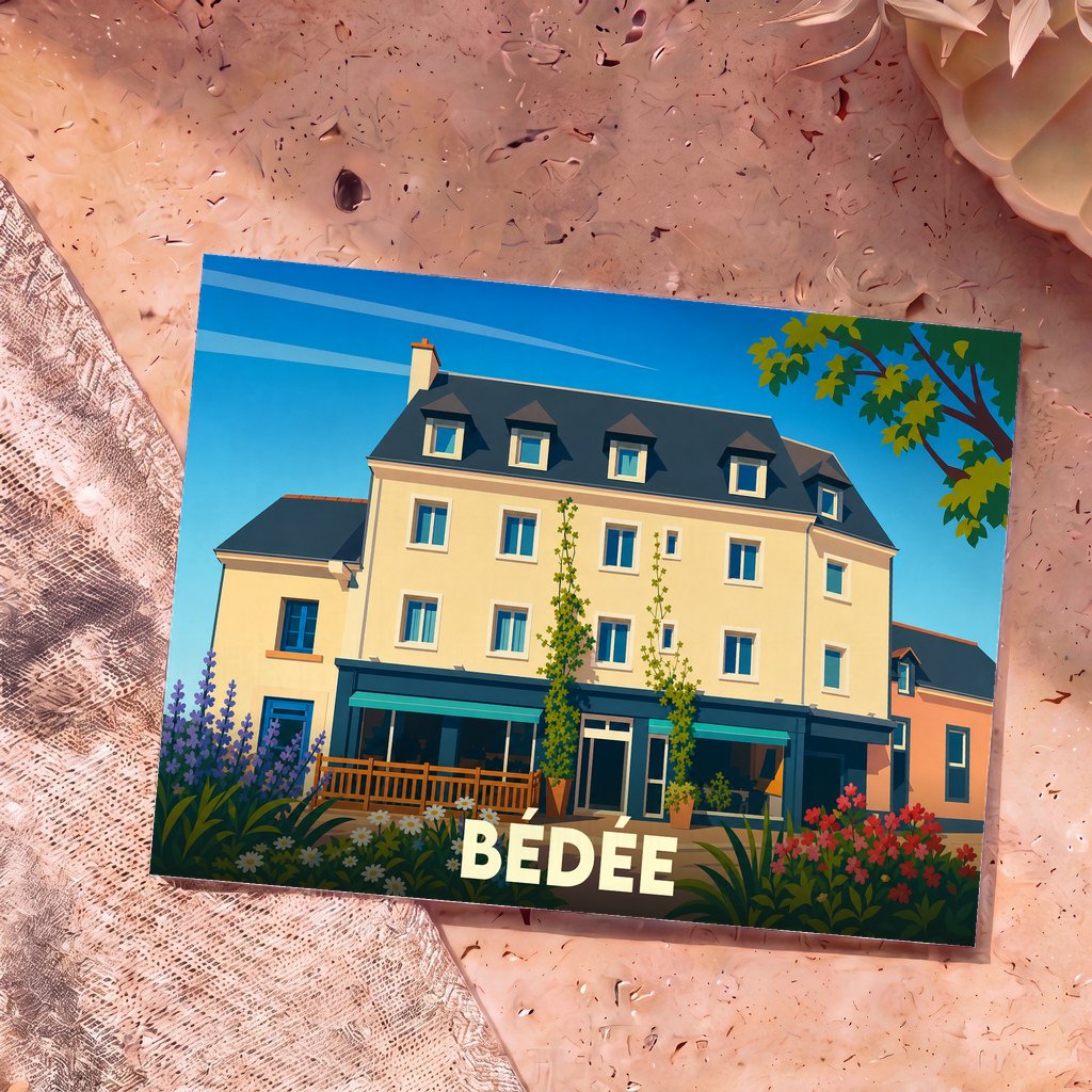 Carte postale souvenir de la ville de Bédée présentant une illustration stylisée d'un bâtiment de type hôtel-restaurant.