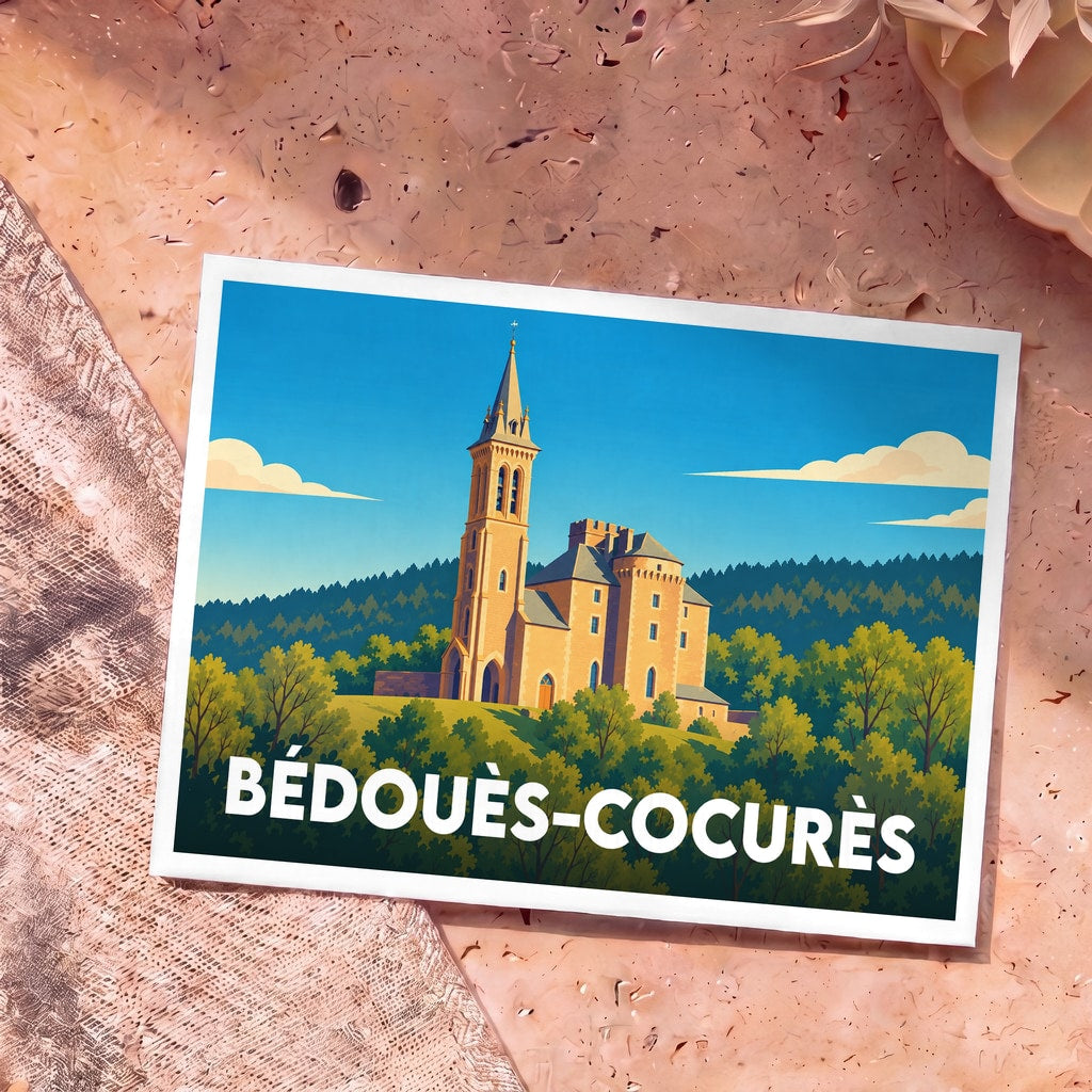 Carte postale souvenir de la ville de Bédouès-Cocurès avec une illustration stylisée de son église fortifiée.