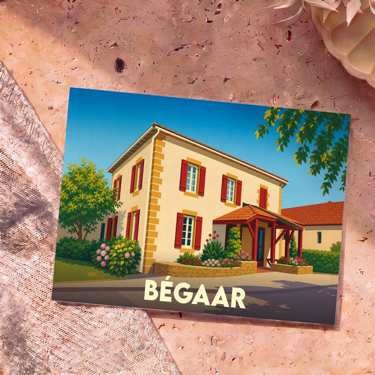 Carte postale souvenir de la ville de Bégaar avec une illustration stylisée d'une maison landaise traditionnelle.