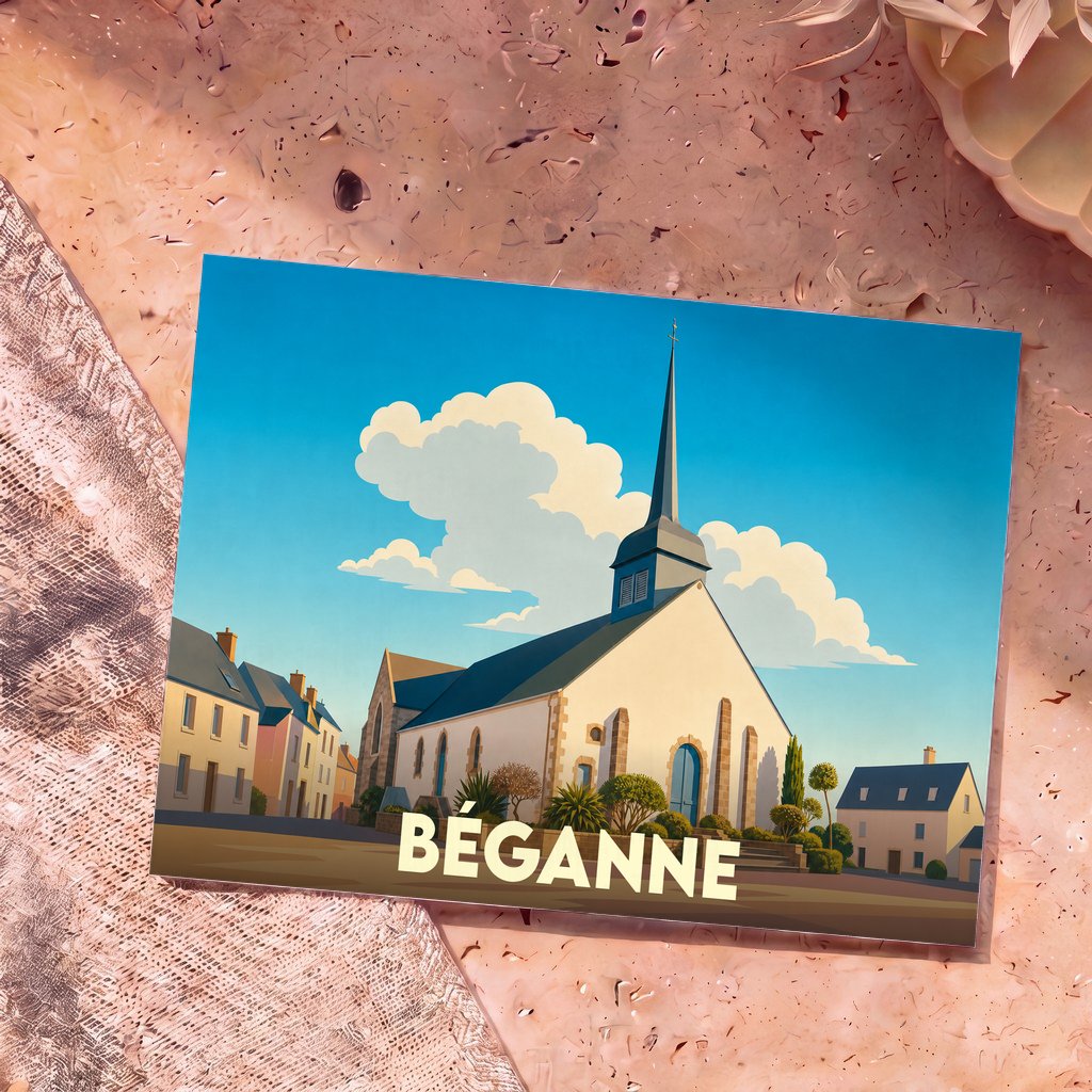 Carte postale souvenir de la ville de Béganne avec une illustration stylisée de son église sous un ciel azur.