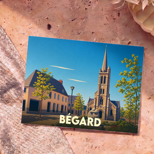 Carte postale souvenir de la ville de Bégard avec une illustration stylisée de son église et de ses bâtiments sous un ciel bleu.