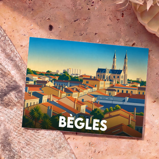Carte postale souvenir de la ville de Bègles avec une illustration stylisée montrant ses toits et son église.
