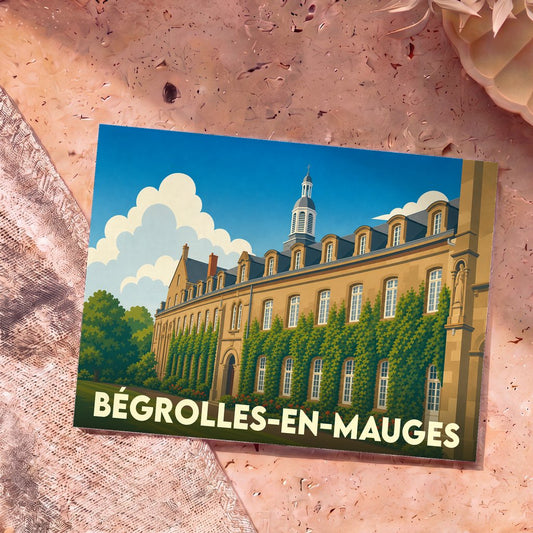 Carte postale souvenir de la ville de Bégrolles-en-Mauges avec une illustration stylisée de l'Abbaye de Bellefontaine.