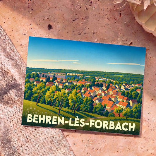 Carte postale souvenir de la ville de Behren-lès-Forbach arborant une illustration paysagère colorée et stylisée.