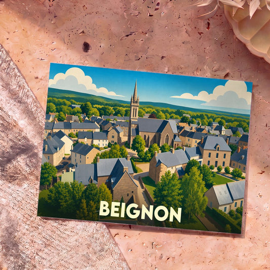 Carte postale souvenir de la ville de Beignon avec une illustration colorée et stylisée d'un village pittoresque.