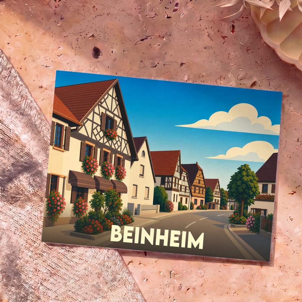 Carte postale souvenir de la ville de Beinheim avec une illustration stylisée de maisons à colombages fleuries.