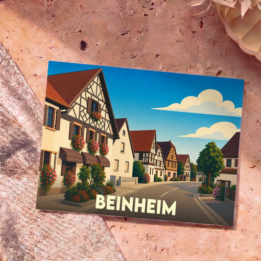 Carte postale souvenir de la ville de Beinheim avec une illustration stylisée de maisons à colombages fleuries.
