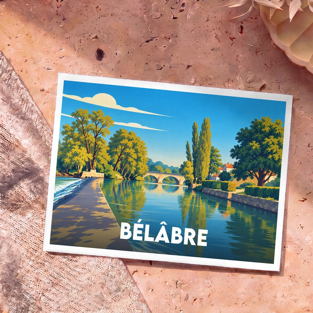 Carte postale souvenir de la ville de Bélâbre avec une illustration stylisée d'une rivière et d'un pont.