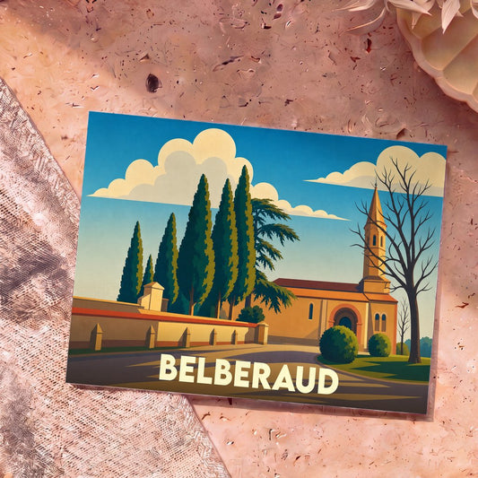 Carte postale souvenir de la ville de Belberaud avec une illustration stylisée de son église et de cyprès.
