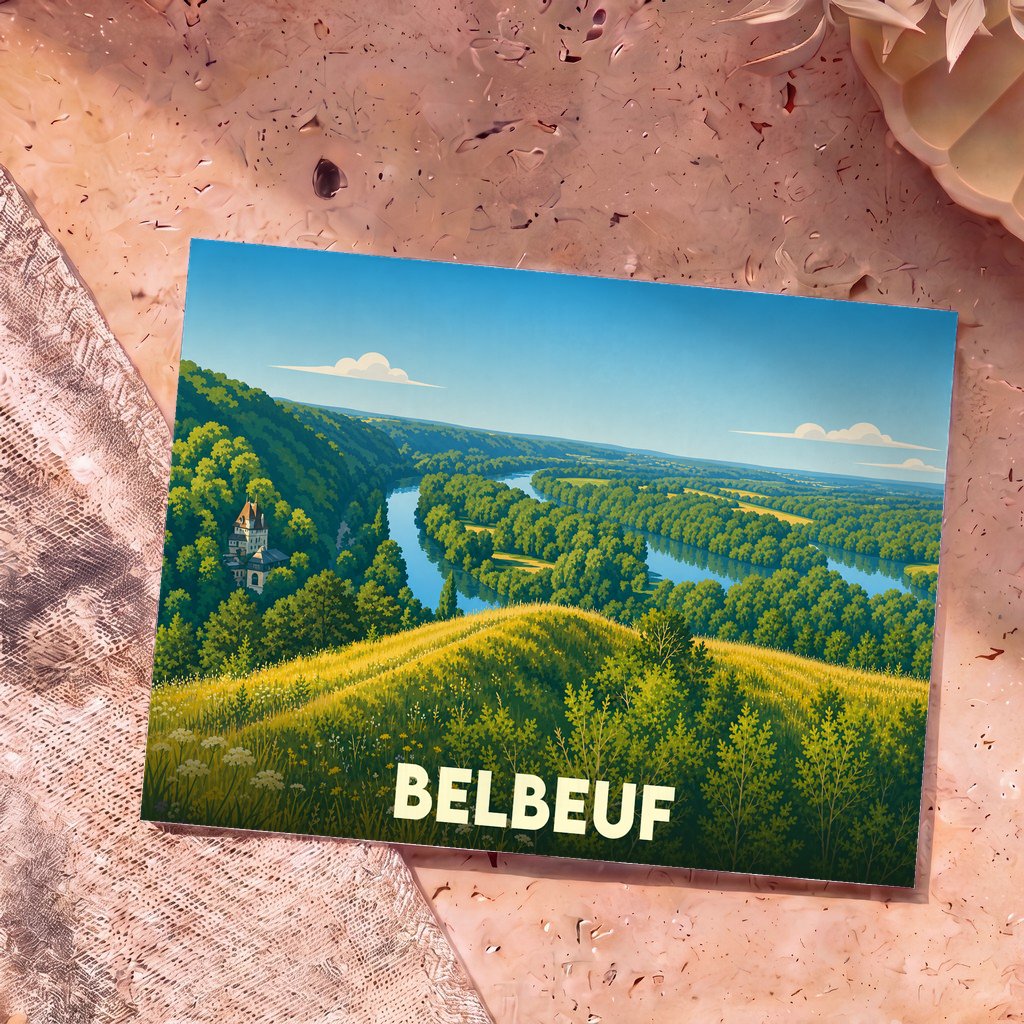 Carte postale souvenir de la ville de Belbeuf avec une illustration stylisée de la Seine serpentant dans la vallée.