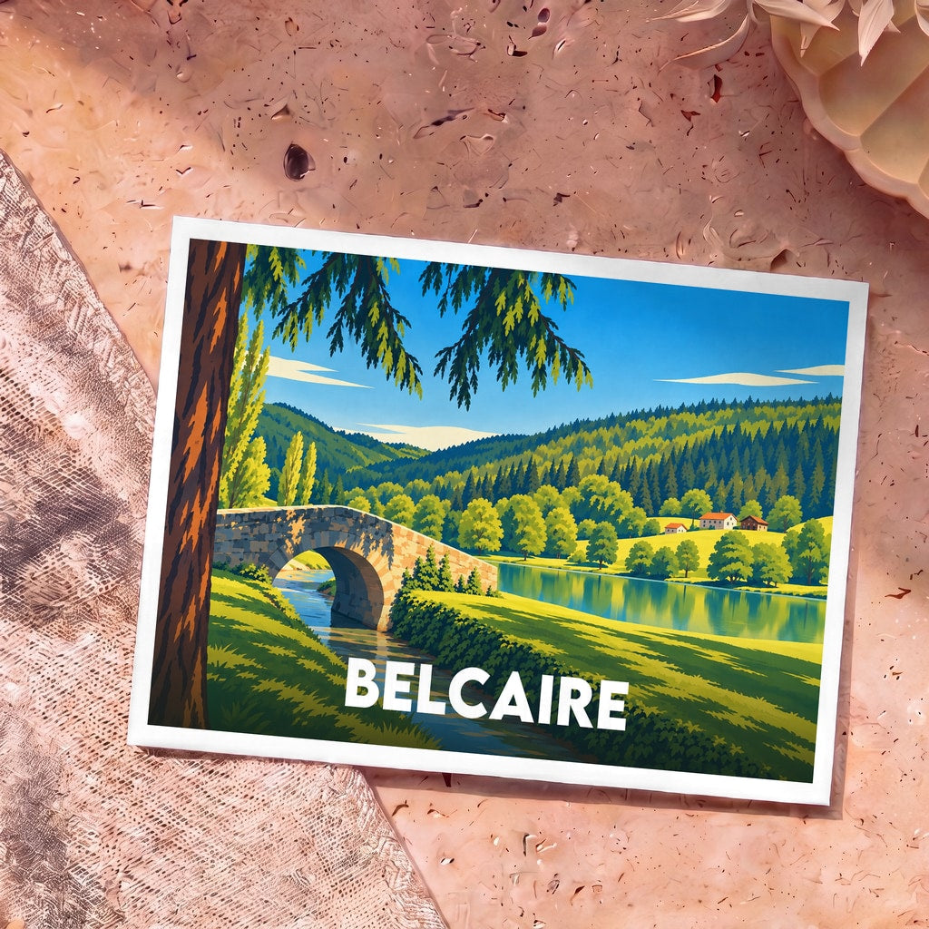 Carte postale souvenir de la ville de Belcaire avec une illustration stylisée d'un pont en pierre et d'un paysage montagneux.