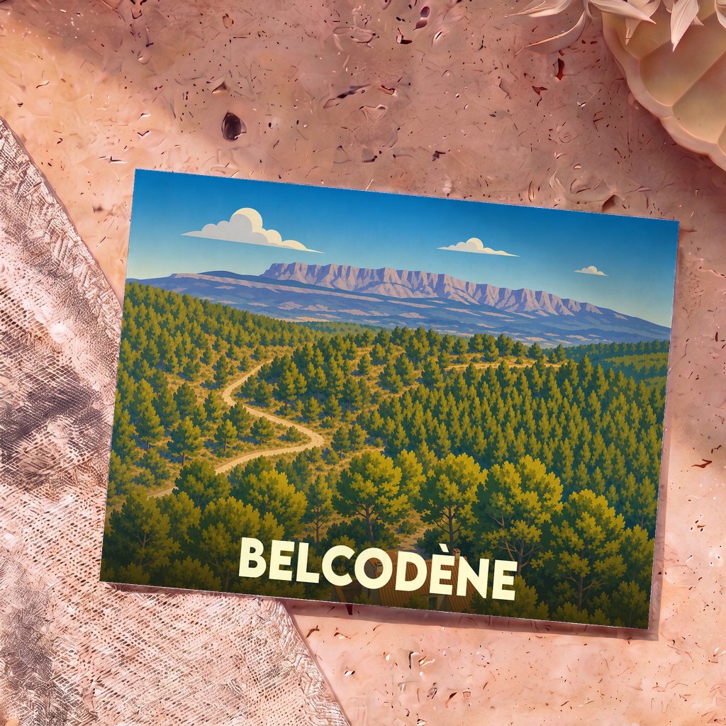 Carte postale souvenir de la ville de Belcodène illustrant une vue panoramique stylisée sur la forêt et la montagne Sainte-Victoire.