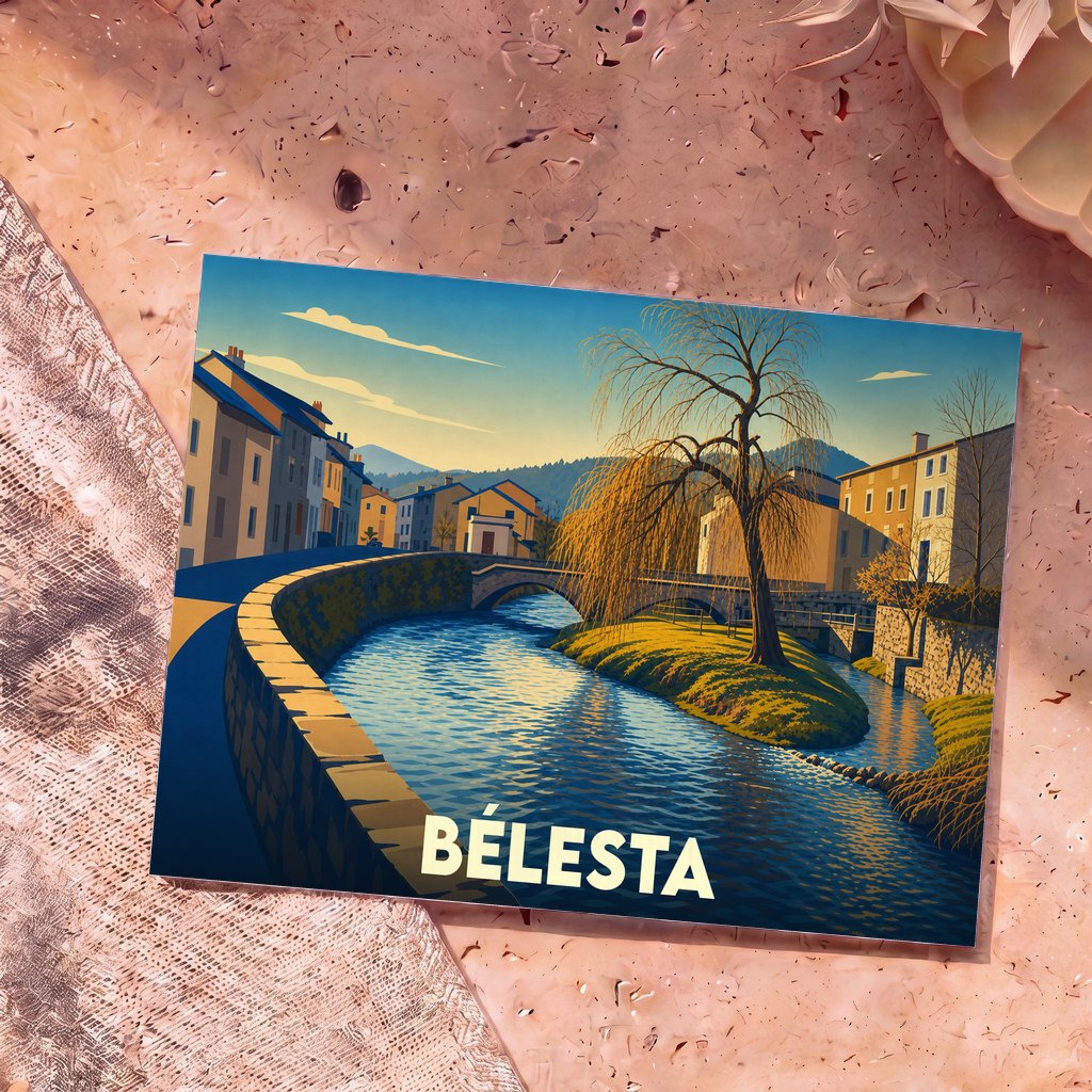 Carte postale souvenir de la ville de Bélesta avec une illustration stylisée d'un cours d'eau et de son pont.