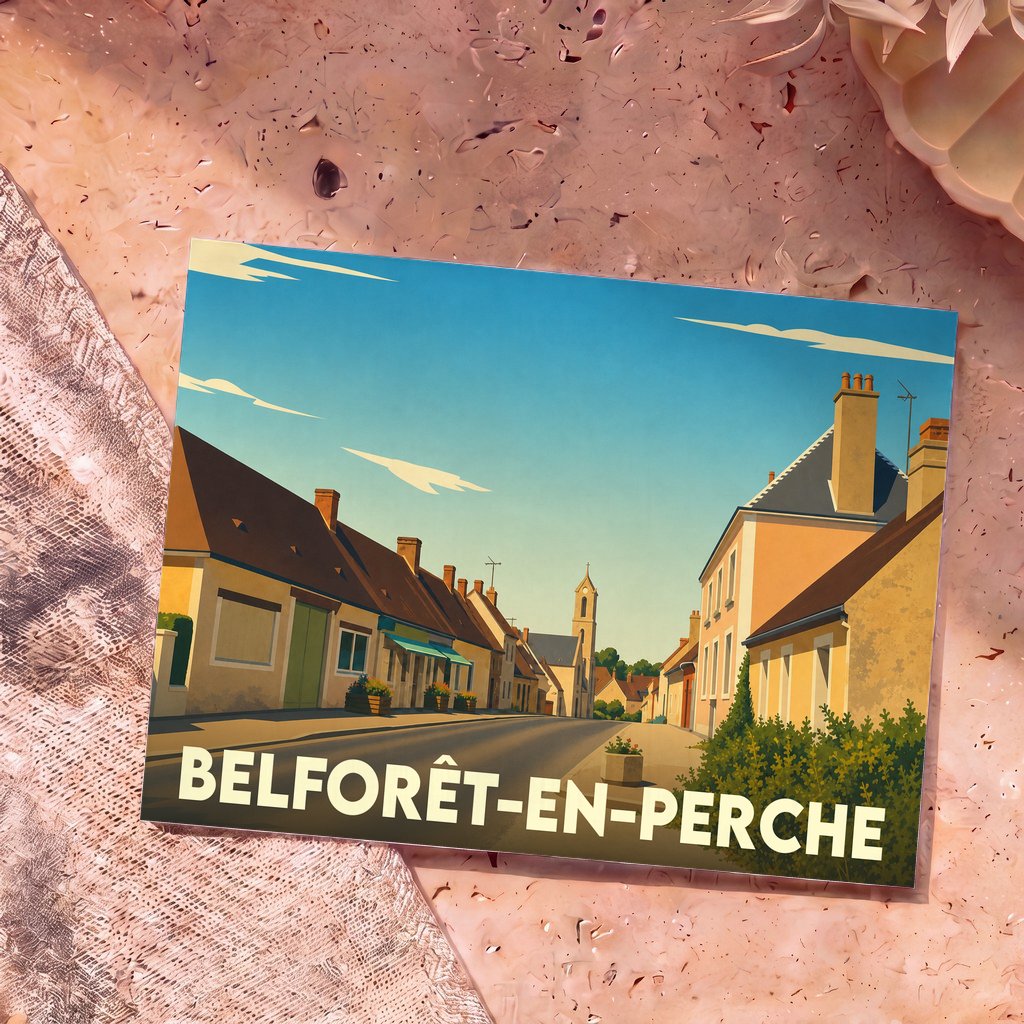 Carte postale souvenir de la ville de Belforêt-en-Perche avec une illustration stylisée d'une rue typique.