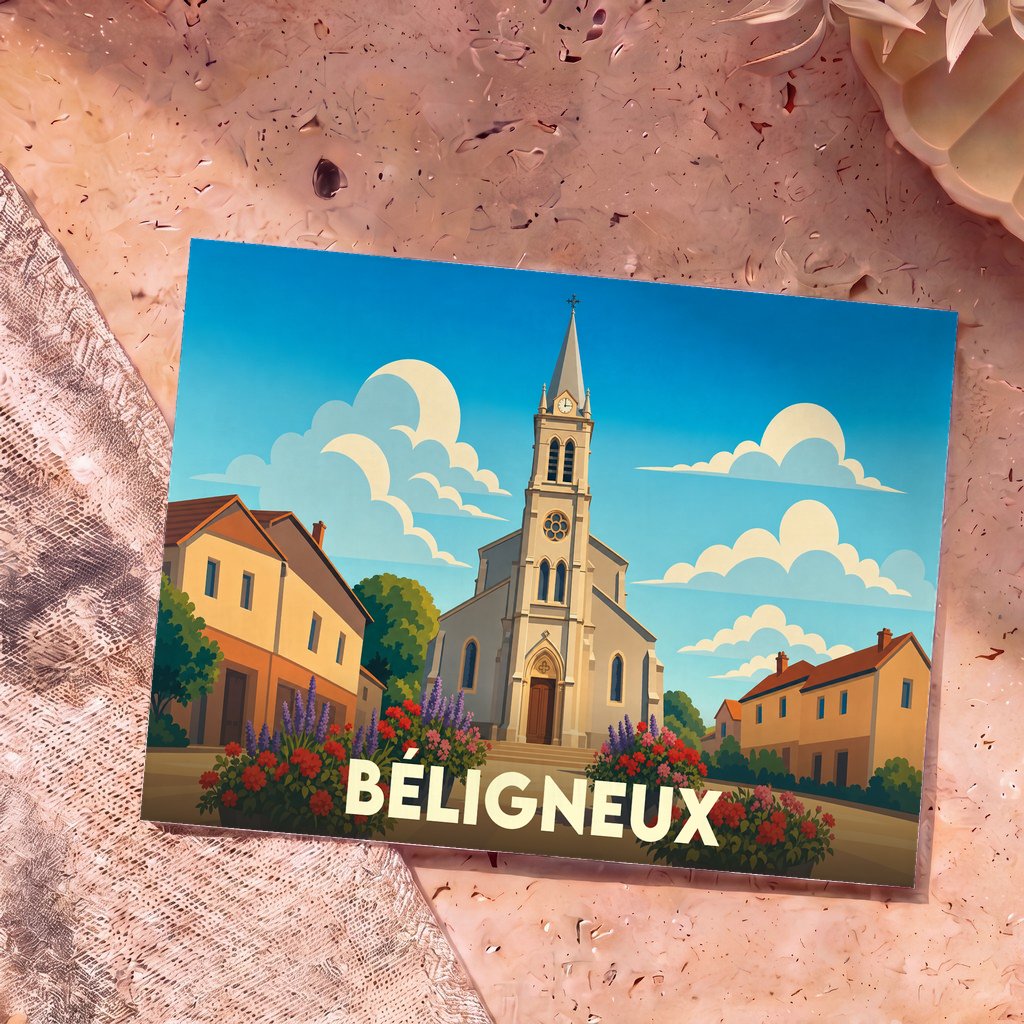 Carte postale souvenir de la ville de Béligneux avec une illustration stylisée de son église et de ses maisons.