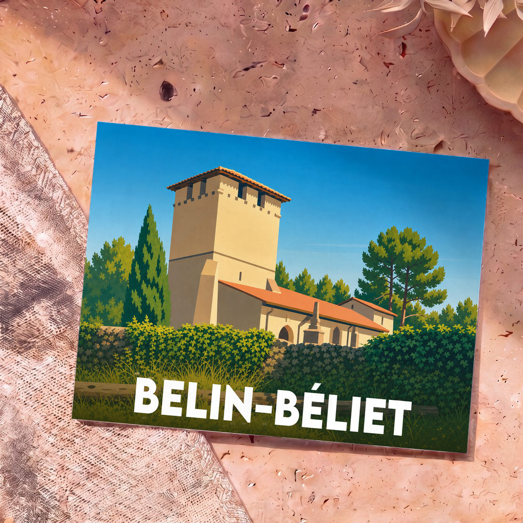 Carte postale souvenir de la ville de Belin-Béliet avec une illustration stylisée de son église fortifiée.