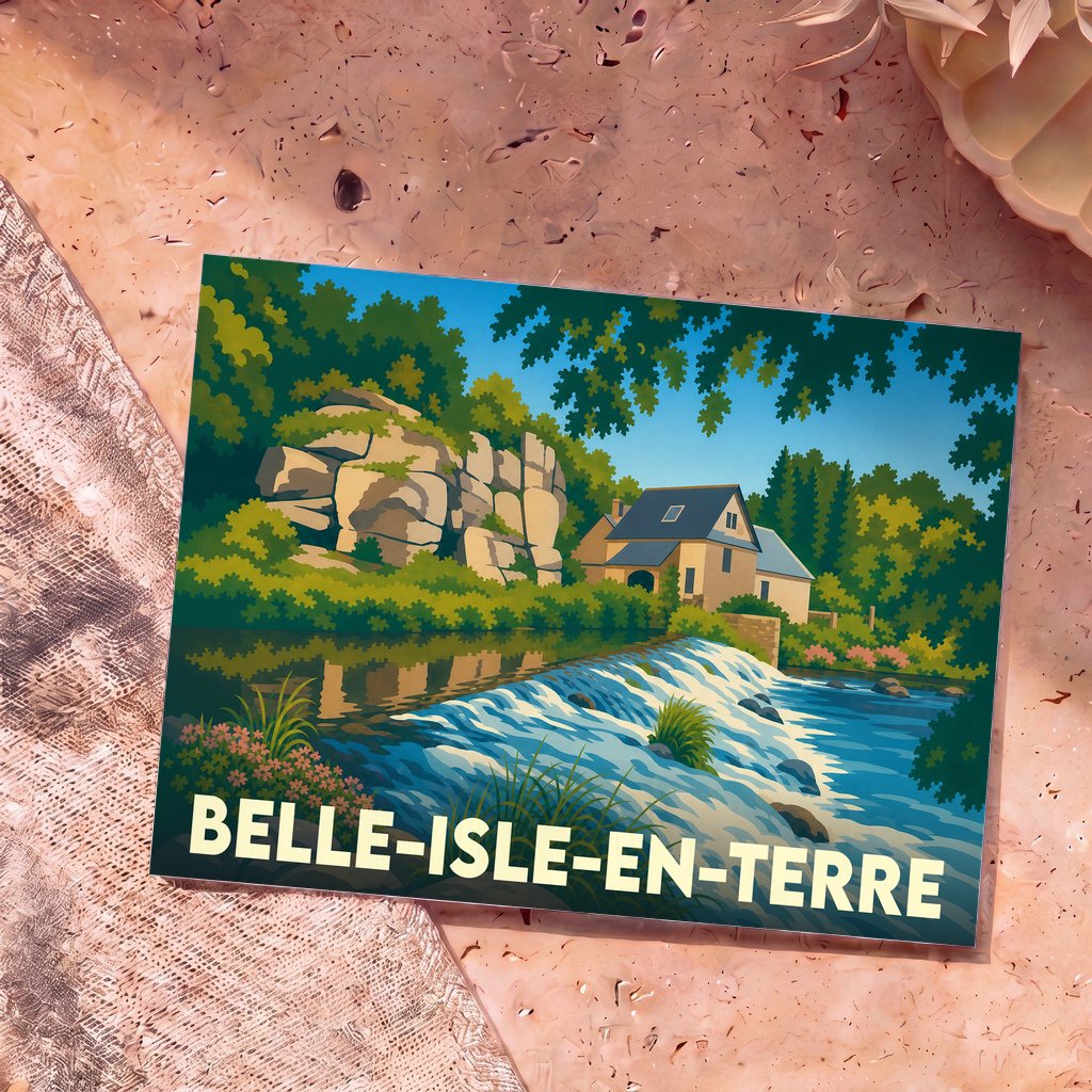 Carte postale souvenir de la ville de Belle-Isle-en-Terre illustrant un paysage de rivière et de moulin dans un style rétro.