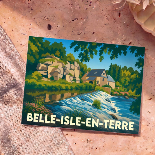 Carte postale souvenir de la ville de Belle-Isle-en-Terre illustrant un paysage de rivière et de moulin dans un style rétro.