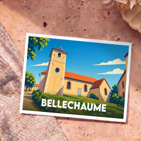 Carte postale souvenir de la ville de Bellechaume avec une illustration stylisée de son église.