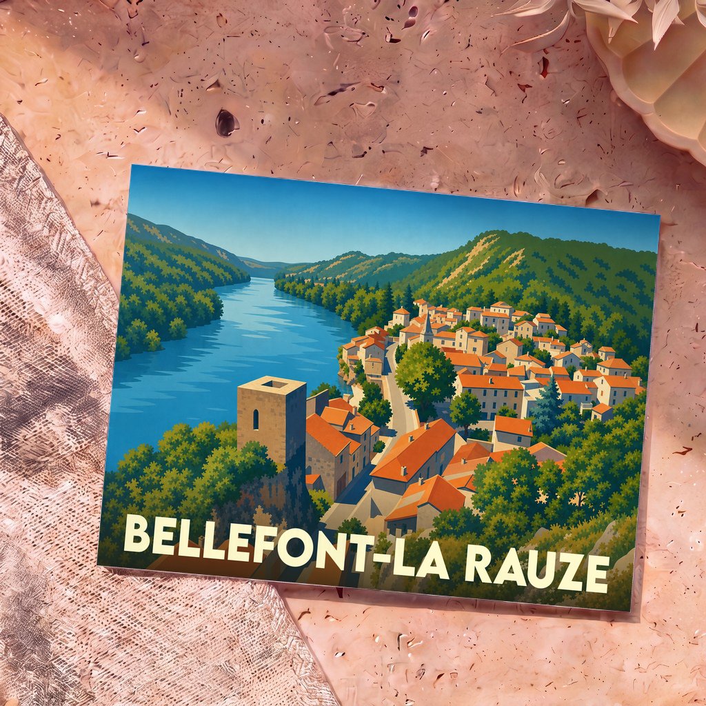 Carte postale souvenir de Bellefont-La Rauze avec une illustration stylisée d'un village surplombant une rivière.