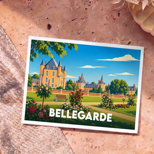 Carte postale souvenir de la ville de Bellegarde illustrant son château et ses jardins fleuris dans un style vintage.