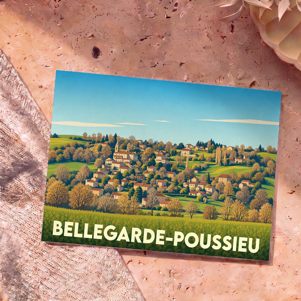 Carte postale souvenir de la commune de Bellegarde-Poussieu avec une illustration stylisée du village et de ses collines.
