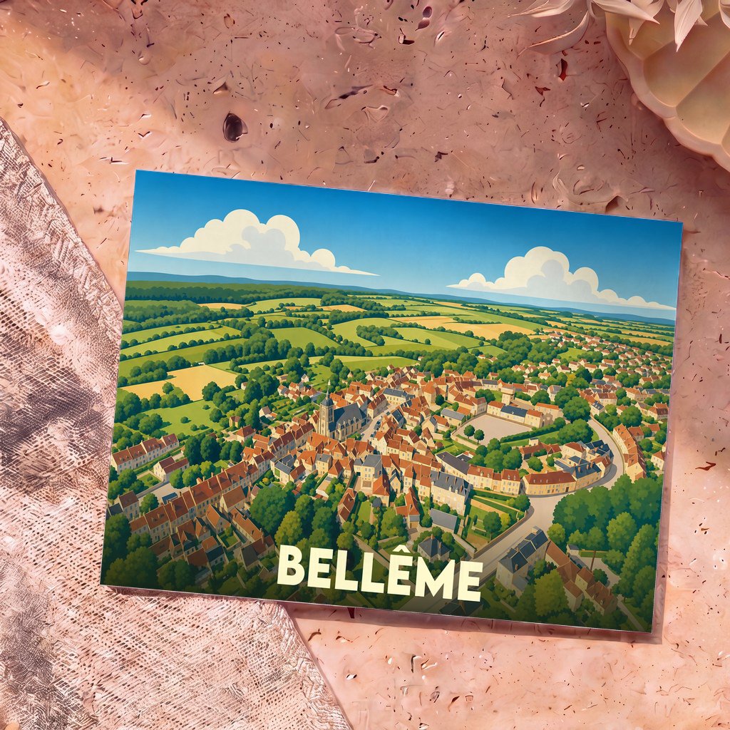Carte postale souvenir de la ville de Bellême avec une illustration stylisée vue du ciel.