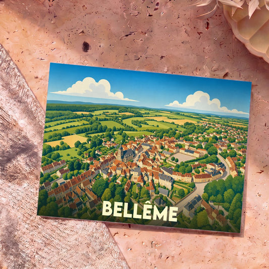 Carte postale souvenir de la ville de Bellême avec une illustration stylisée vue du ciel.